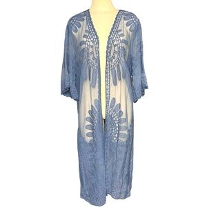 Rebellion Again Blue Sheer Mesh Kimono Duster Open Boho Floral Embroidery Sz L